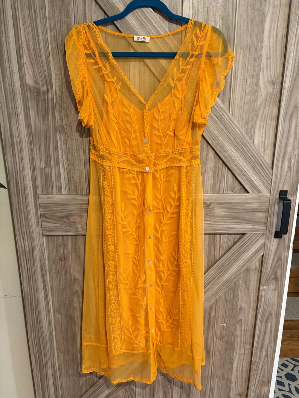 Miss Me Mustard Yellow Embroidered Sheer Midi Dress
